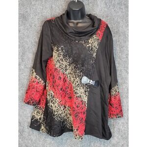 Ali Miles Women's Black Cowl Neck Tunic Textured Top Blouse with Embroidery Sz M